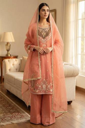 Peach crepe embroidered palazzo set