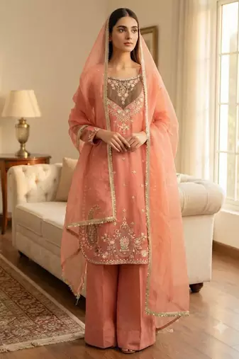 Peach crepe embroidered palazzo set