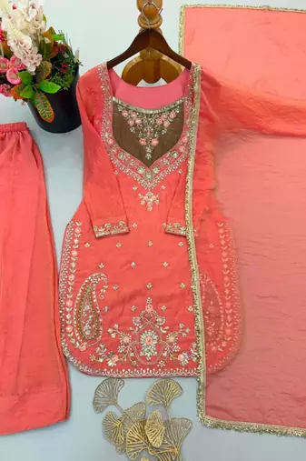 Peach crepe embroidered palazzo set