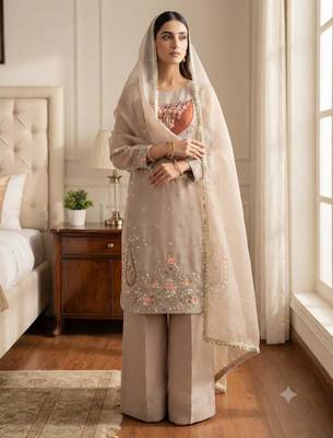 Beige crepe embroidered palazzo set 1