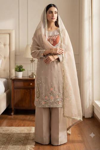 Beige crepe embroidered palazzo set