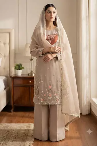 Beige crepe embroidered palazzo set