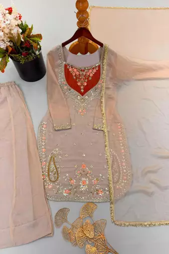 Beige crepe embroidered palazzo set
