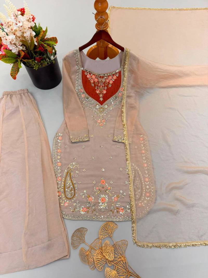 Beige crepe embroidered palazzo set