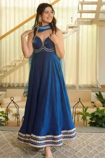 Royal-blue silk blend embroidered flared gown set