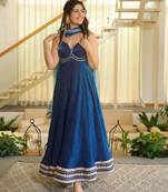Royal-blue silk blend embroidered flared gown set