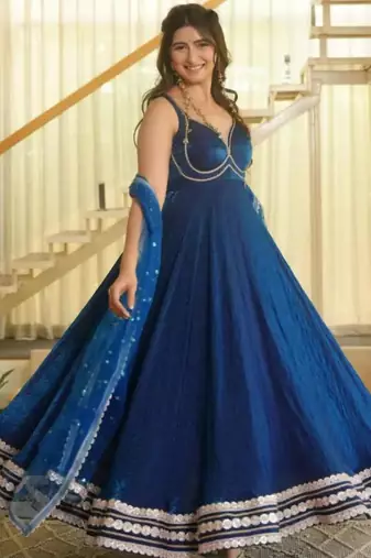 Royal-blue silk blend embroidered flared gown set