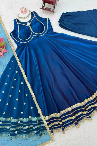 Royal-blue silk blend embroidered flared gown set