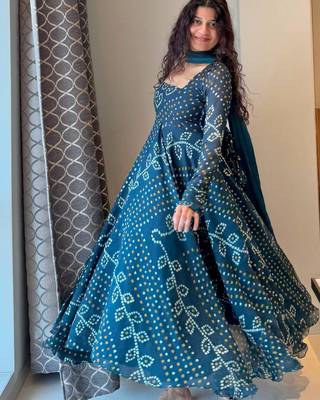 Teal-blue faux georgette embroidered flared gown set 1