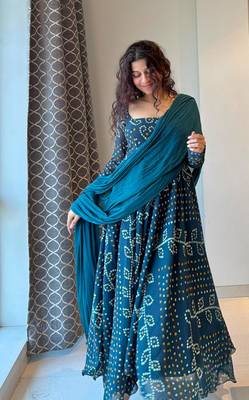 Teal-blue faux georgette embroidered flared gown set 2