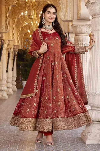 Red silk blend embroidered flared gown set