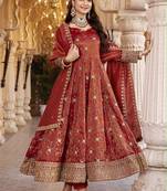 Red silk blend embroidered flared gown set