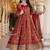 Red silk blend embroidered flared gown set