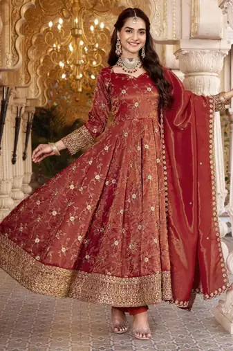Red silk blend embroidered flared gown set