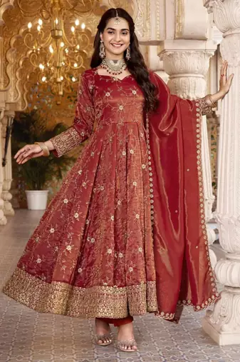 Red silk blend embroidered flared gown set