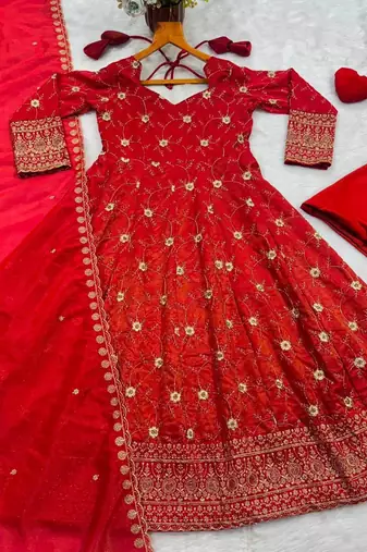 Red silk blend embroidered flared gown set