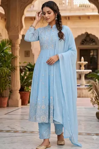 Sky-blue georgette embroidered flared gown set