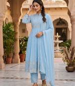 Sky-blue georgette embroidered flared gown set