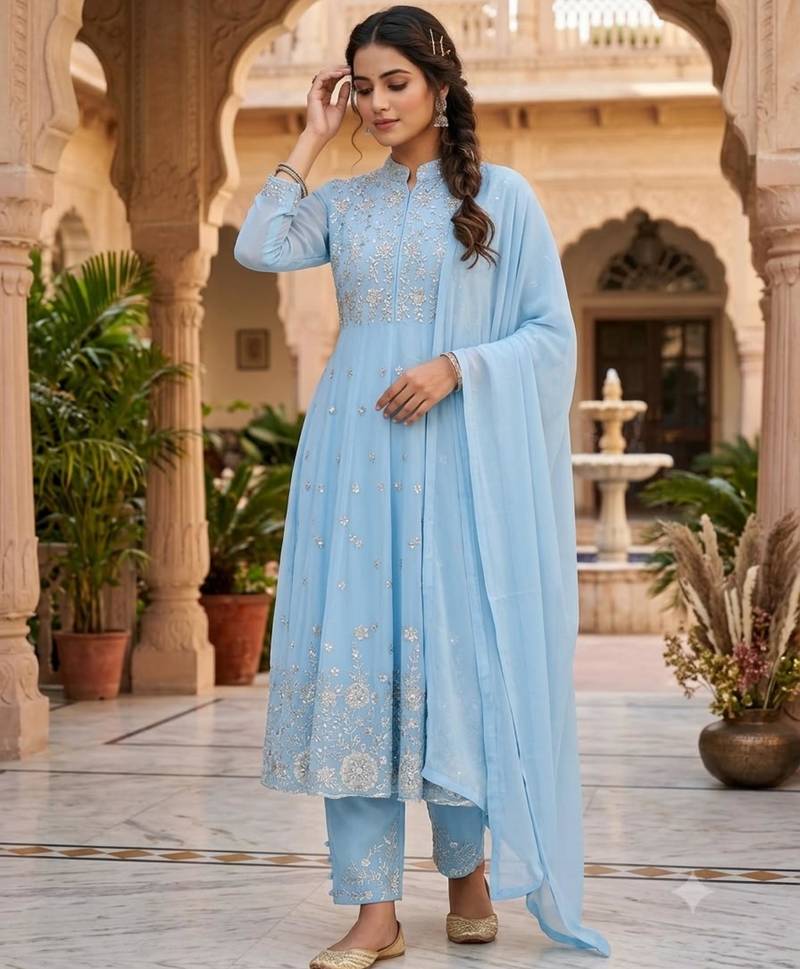 Sky-blue georgette embroidered flared gown set