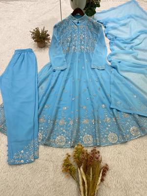 Sky-blue georgette embroidered flared gown set 2