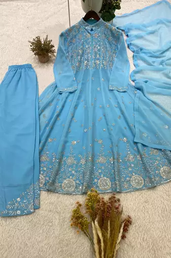 Sky-blue georgette embroidered flared gown set