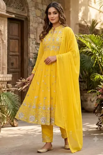 Yellow georgette embroidered flared gown set