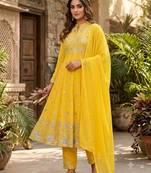 Yellow georgette embroidered flared gown set