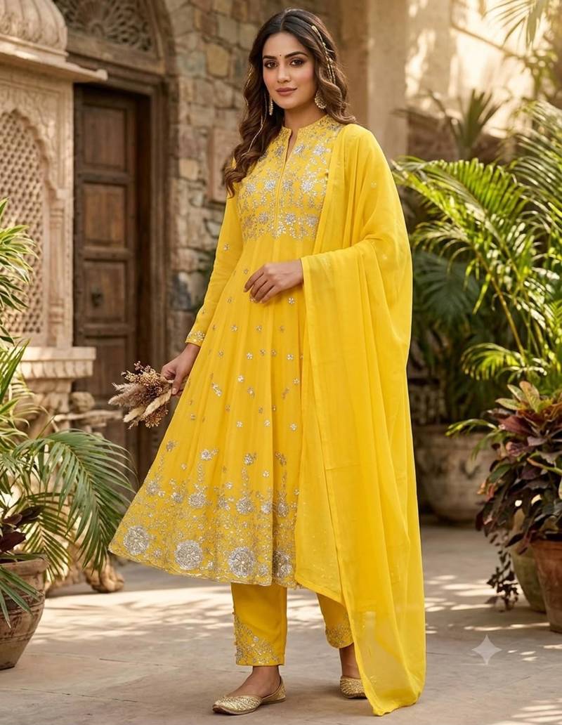 Yellow georgette embroidered flared gown set