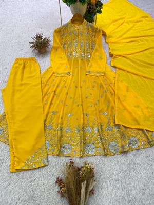 Yellow georgette embroidered flared gown set 2