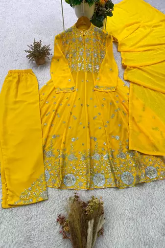Yellow georgette embroidered flared gown set