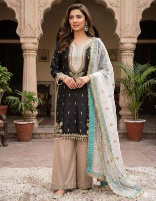 Black silk blend embroidered palazzo set 1