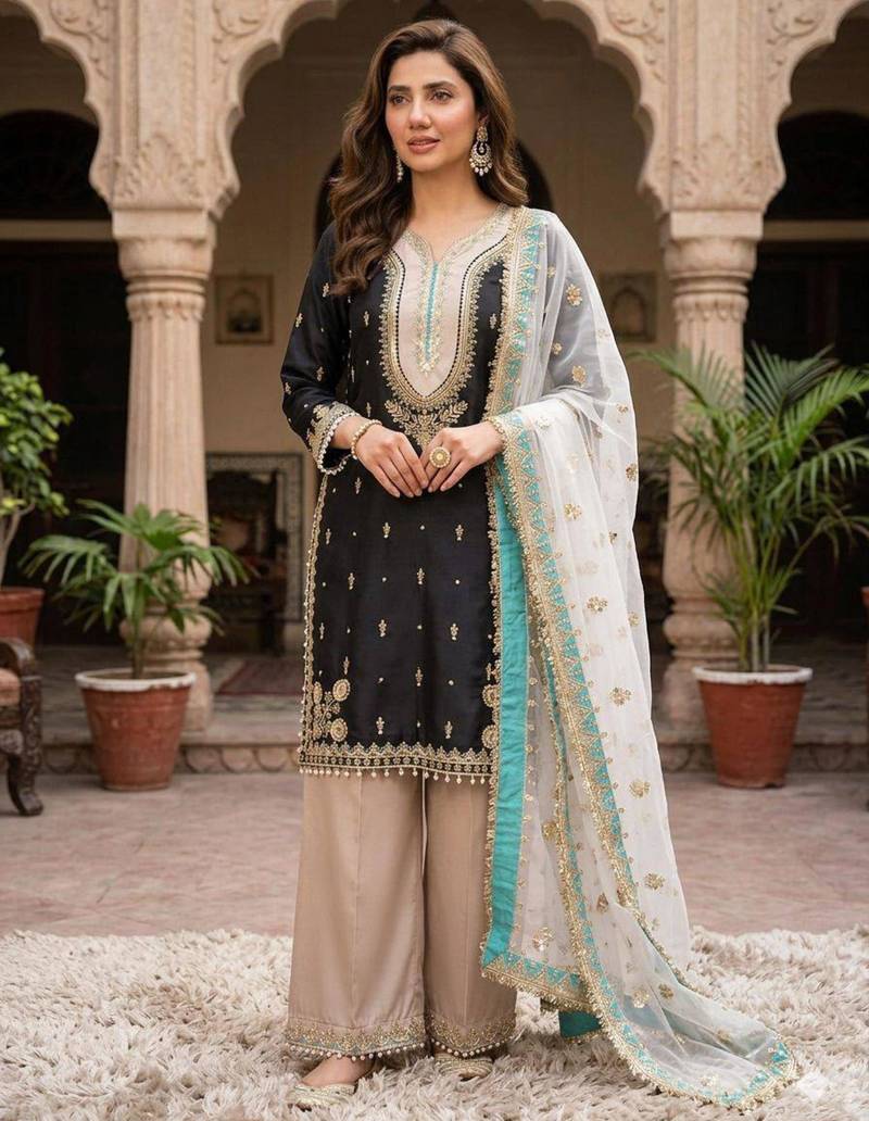 Black silk blend embroidered palazzo set