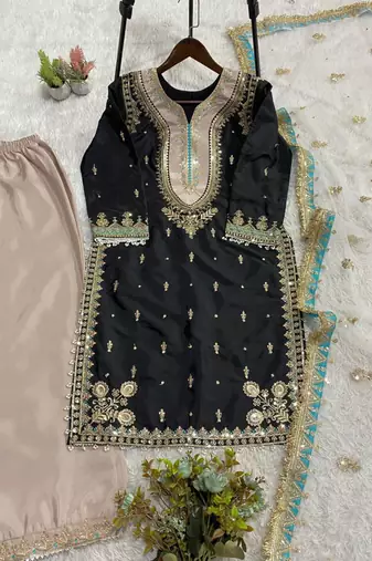 Black silk blend embroidered palazzo set