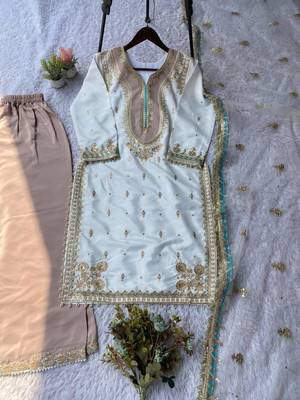 Off-white silk blend embroidered palazzo set 3