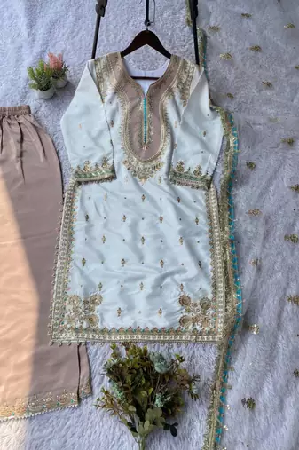 Off-white silk blend embroidered palazzo set