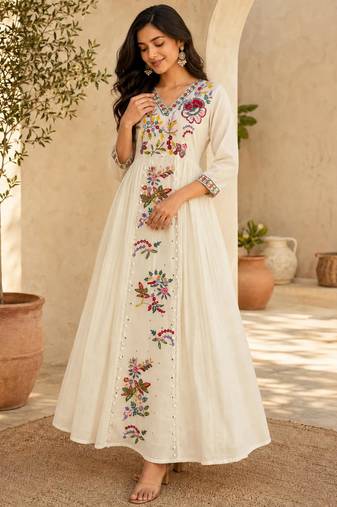 Off-white cotton poly embroidered flared gown set