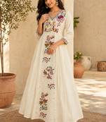 Off-white cotton poly embroidered flared gown set