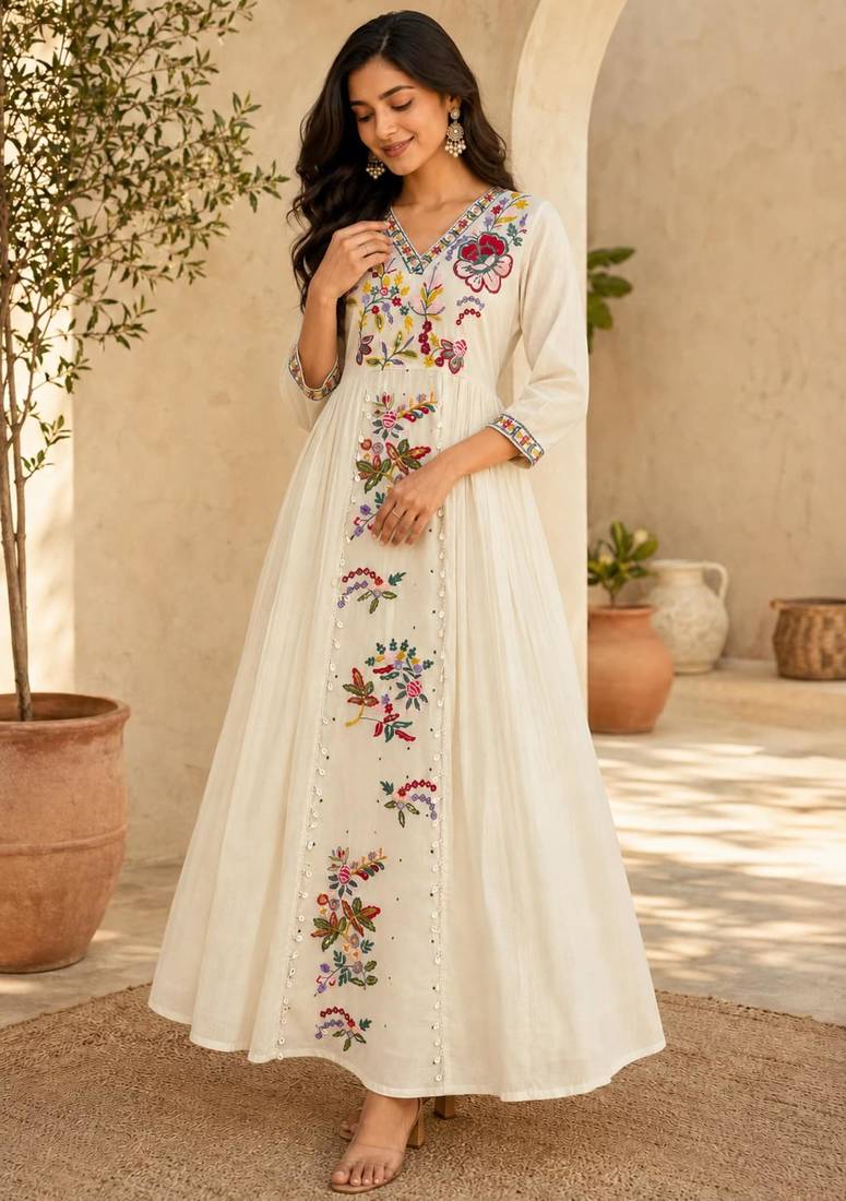 Off-white cotton poly embroidered flared gown set