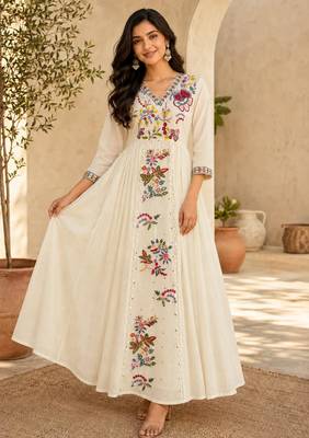 Off-white cotton poly embroidered flared gown set 2