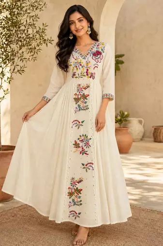 Off-white cotton poly embroidered flared gown set