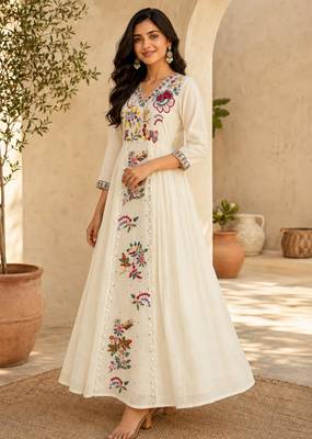 Off-white cotton poly embroidered flared gown set 3