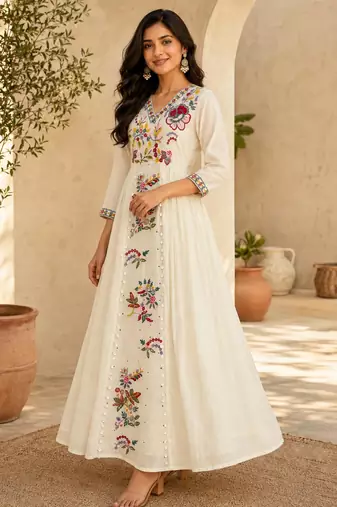 Off-white cotton poly embroidered flared gown set