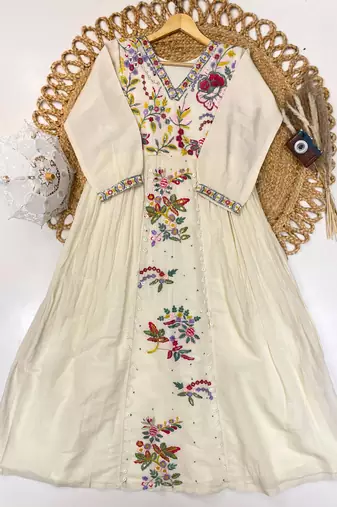 Off-white cotton poly embroidered flared gown set
