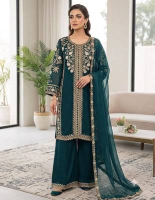 Teal-green silk blend embroidered palazzo set 1