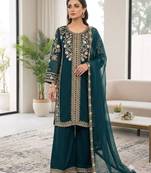 Teal-green silk blend embroidered palazzo set