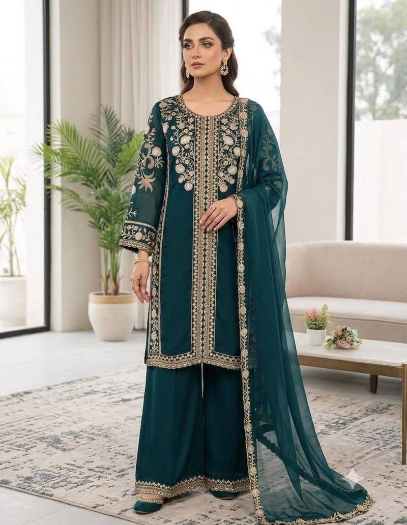Teal-green silk blend embroidered palazzo set