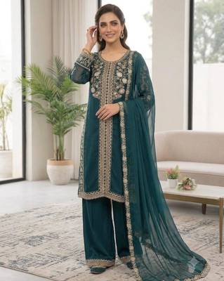 Teal-green silk blend embroidered palazzo set 2
