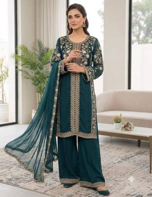 Teal-green silk blend embroidered palazzo set 3