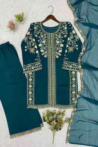 Teal-green silk blend embroidered palazzo set