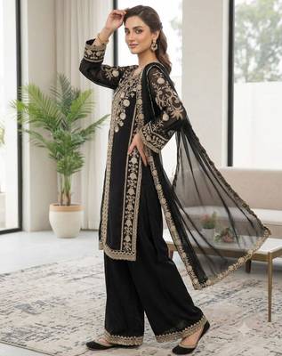 Black silk blend embroidered palazzo set 2